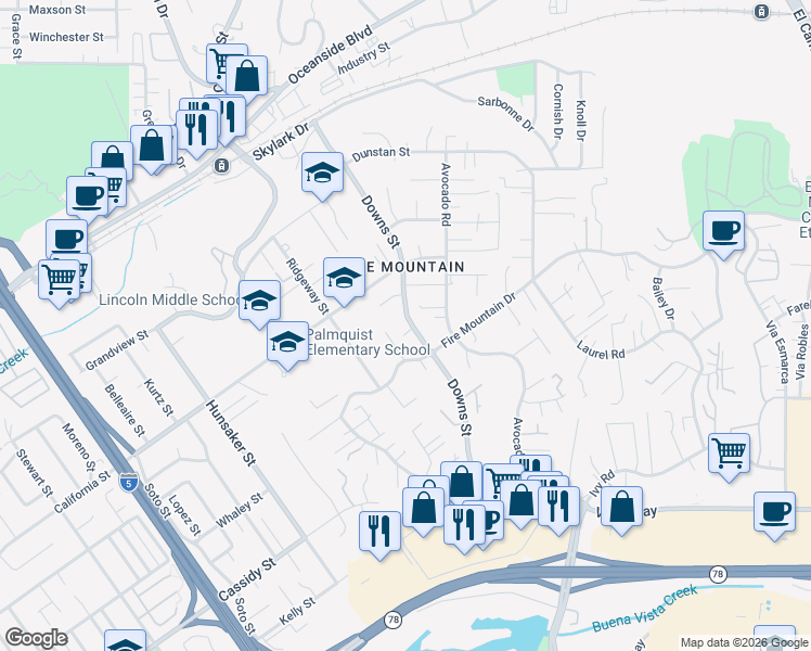 map of restaurants, bars, coffee shops, grocery stores, and more near 2046 Ups Circle in Oceanside
