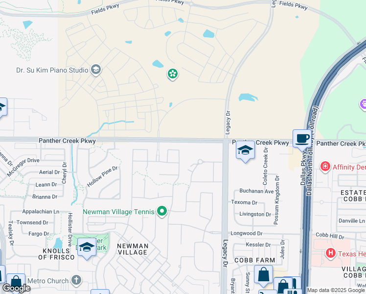 map of restaurants, bars, coffee shops, grocery stores, and more near 13372 Riverhill Road in Frisco