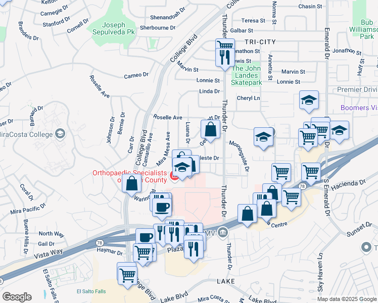 map of restaurants, bars, coffee shops, grocery stores, and more near 3907 Genine Drive in Oceanside