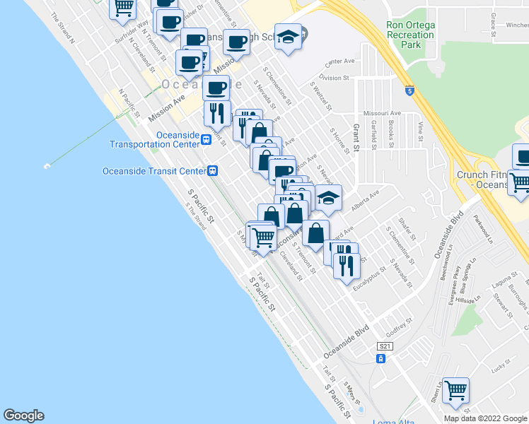 map of restaurants, bars, coffee shops, grocery stores, and more near 523 South Tremont Street in Oceanside