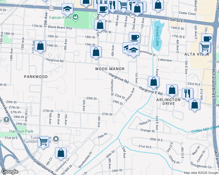 map of restaurants, bars, coffee shops, grocery stores, and more near 423 23rd Street in Tuscaloosa
