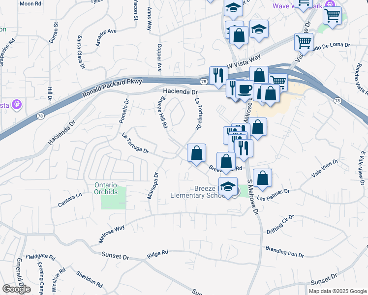 map of restaurants, bars, coffee shops, grocery stores, and more near La Tortuga Drive & Breeze Hill Road in Vista