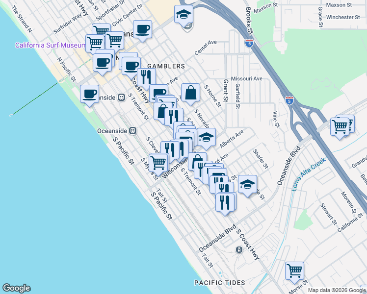 map of restaurants, bars, coffee shops, grocery stores, and more near 612 South Coast Highway in Oceanside