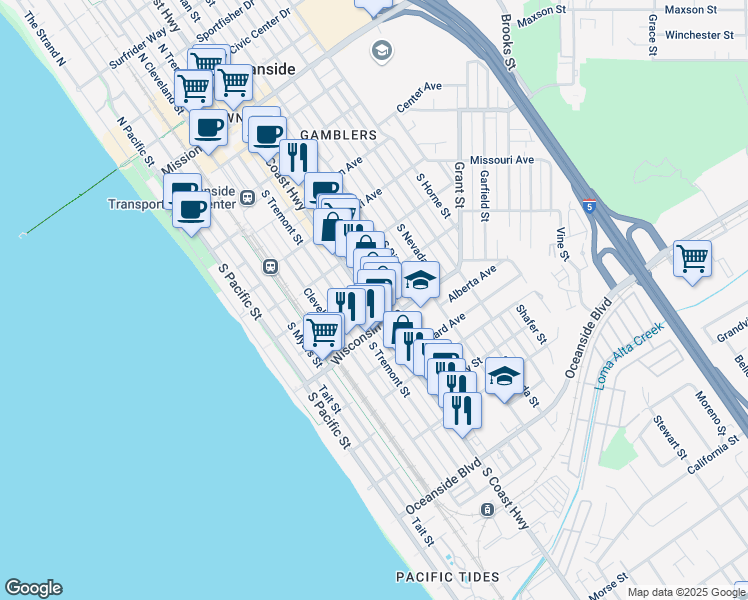 map of restaurants, bars, coffee shops, grocery stores, and more near in Oceanside