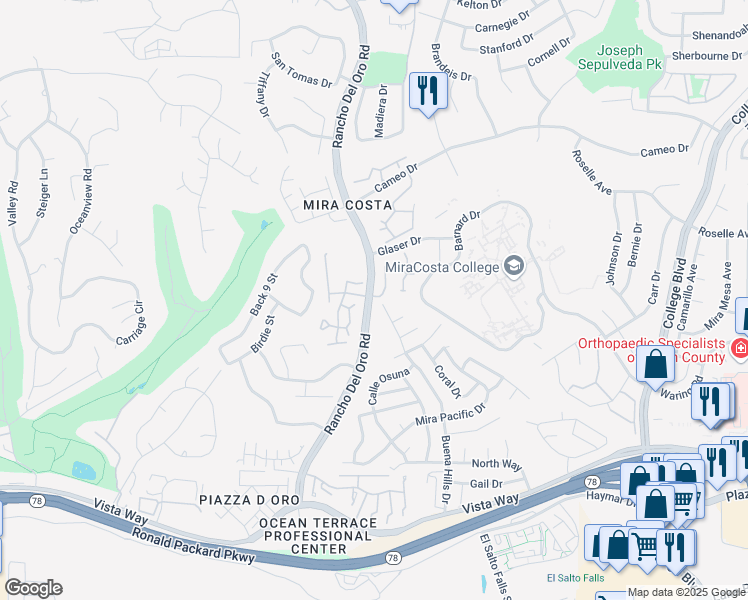 map of restaurants, bars, coffee shops, grocery stores, and more near 2395 Rancho Del Oro Road in Oceanside