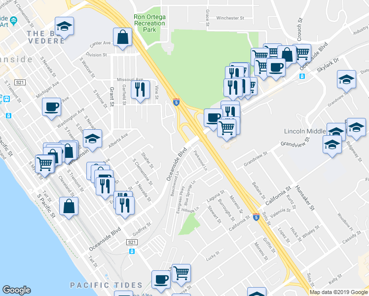map of restaurants, bars, coffee shops, grocery stores, and more near 998 Vine Street in Oceanside