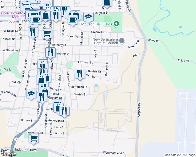 map of restaurants, bars, coffee shops, grocery stores, and more near 1024 Murray Court in McKinney