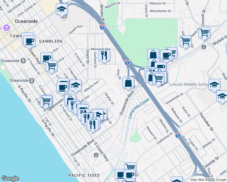 map of restaurants, bars, coffee shops, grocery stores, and more near 1203 West Street in Oceanside