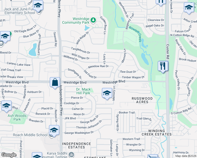 map of restaurants, bars, coffee shops, grocery stores, and more near 9753 Old Field Drive in McKinney