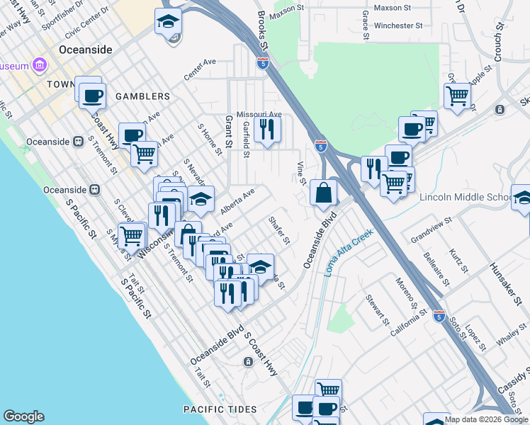map of restaurants, bars, coffee shops, grocery stores, and more near 1009 Shafer Street in Oceanside