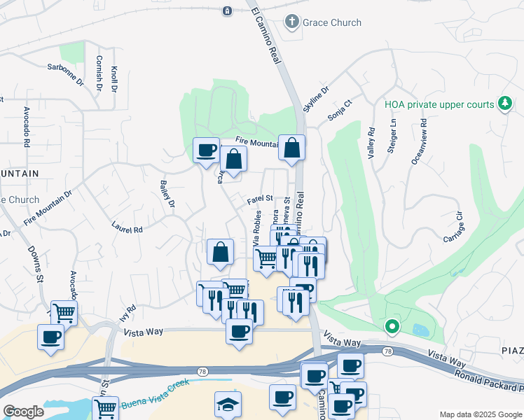 map of restaurants, bars, coffee shops, grocery stores, and more near 2125 Via Sonora in Oceanside
