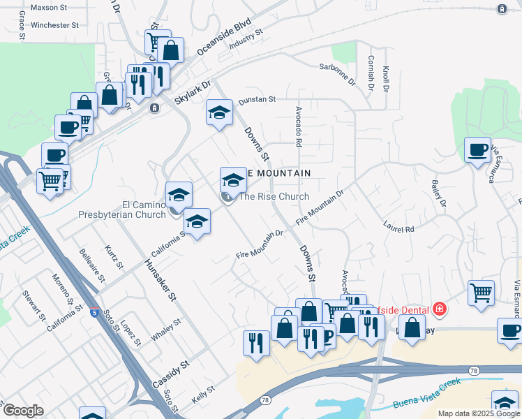 map of restaurants, bars, coffee shops, grocery stores, and more near 2041 Ups Circle in Oceanside