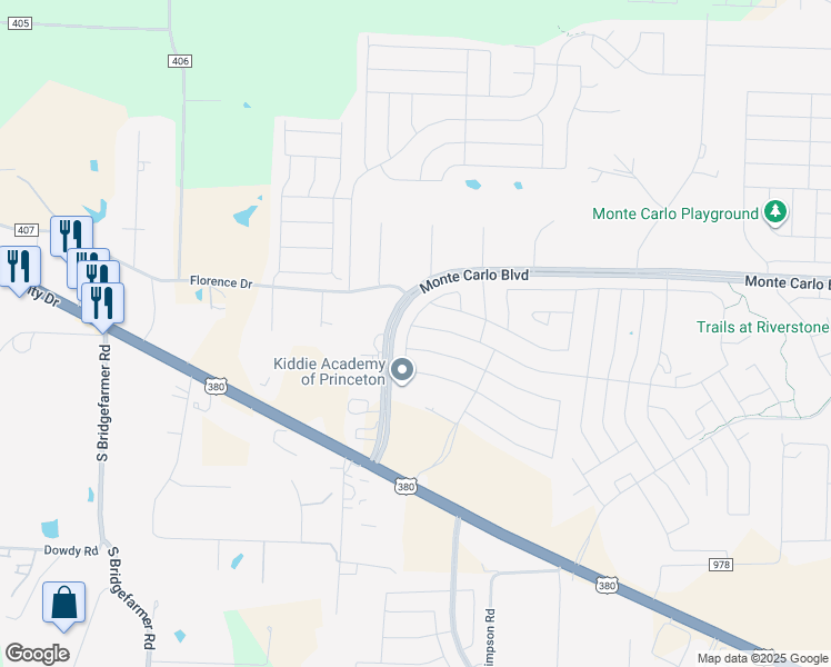 map of restaurants, bars, coffee shops, grocery stores, and more near 1904 Prairie View Drive in Princeton