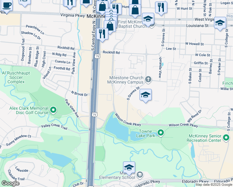 map of restaurants, bars, coffee shops, grocery stores, and more near 901 Wilson Creek Parkway in McKinney