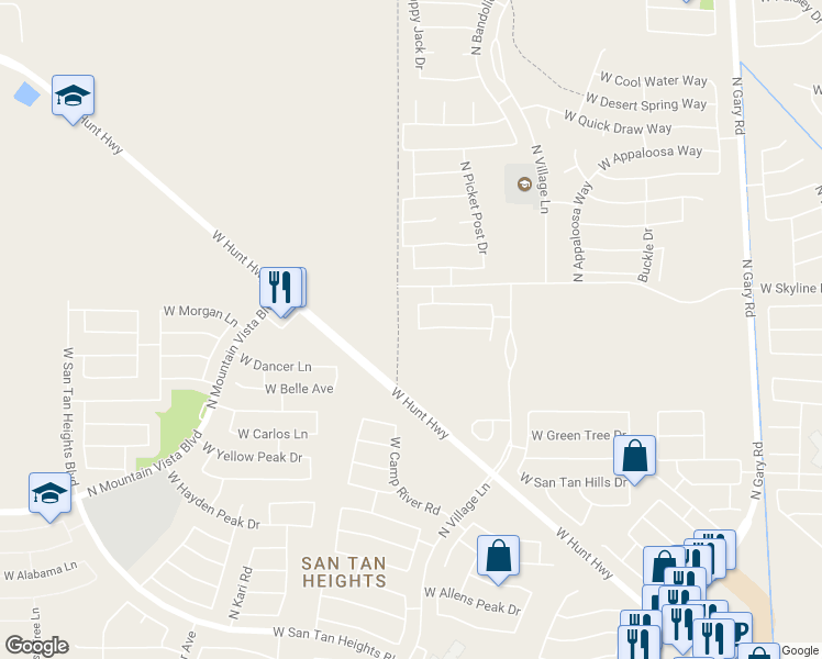 map of restaurants, bars, coffee shops, grocery stores, and more near 34176 North Happy Jack Drive in Queen Creek