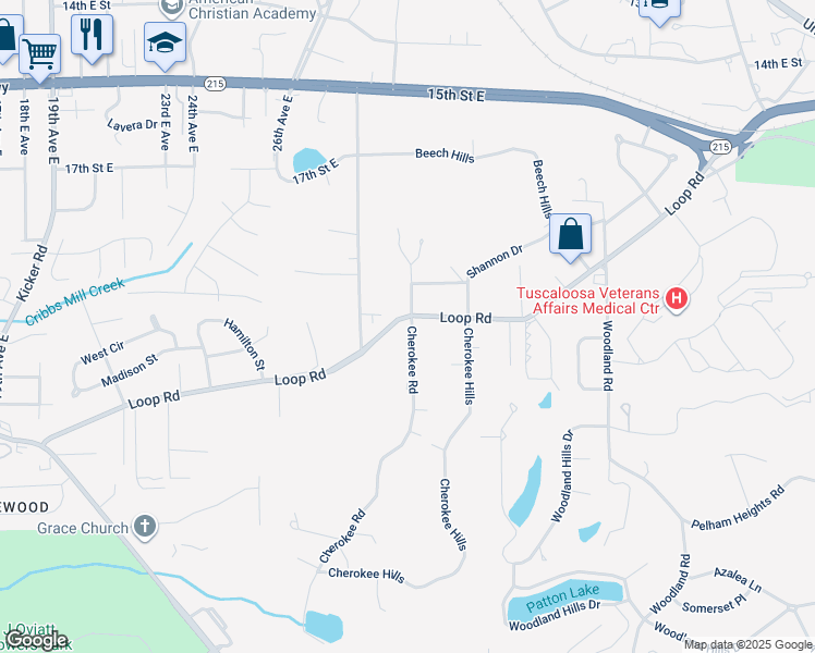 map of restaurants, bars, coffee shops, grocery stores, and more near 10 Cherokee Road in Tuscaloosa
