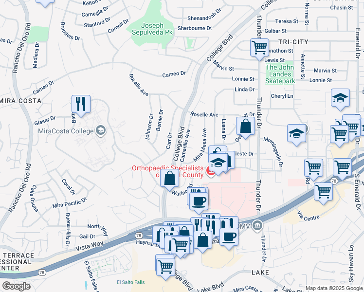 map of restaurants, bars, coffee shops, grocery stores, and more near 3195 Camarillo Avenue in Oceanside