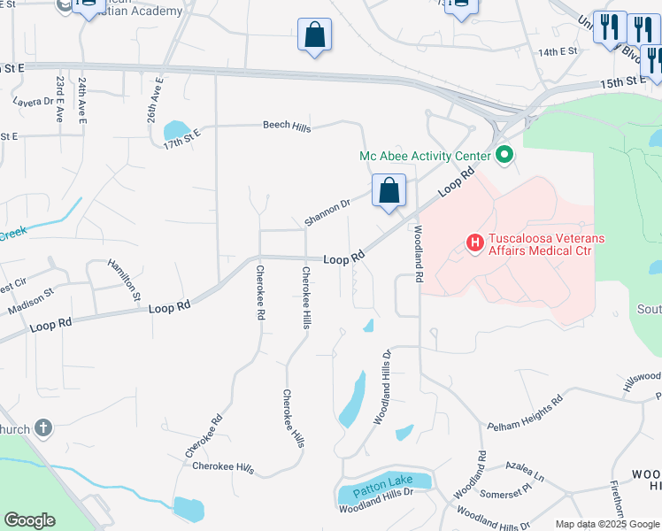 map of restaurants, bars, coffee shops, grocery stores, and more near 3225 Loop Road in Tuscaloosa
