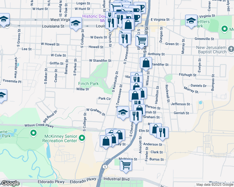 map of restaurants, bars, coffee shops, grocery stores, and more near 900 South Tennessee Street in McKinney
