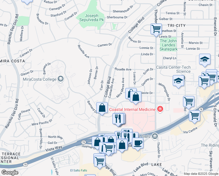 map of restaurants, bars, coffee shops, grocery stores, and more near 3195 Camarillo Avenue in Oceanside