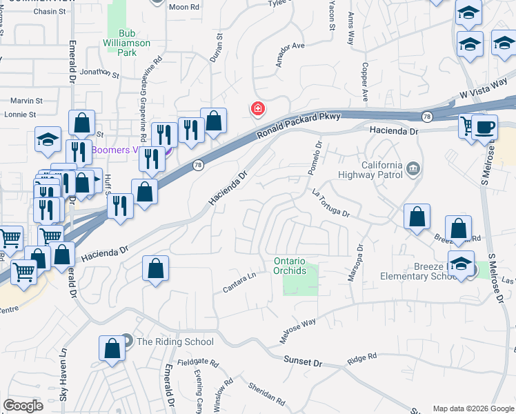 map of restaurants, bars, coffee shops, grocery stores, and more near 632 Paseo Rio in Vista