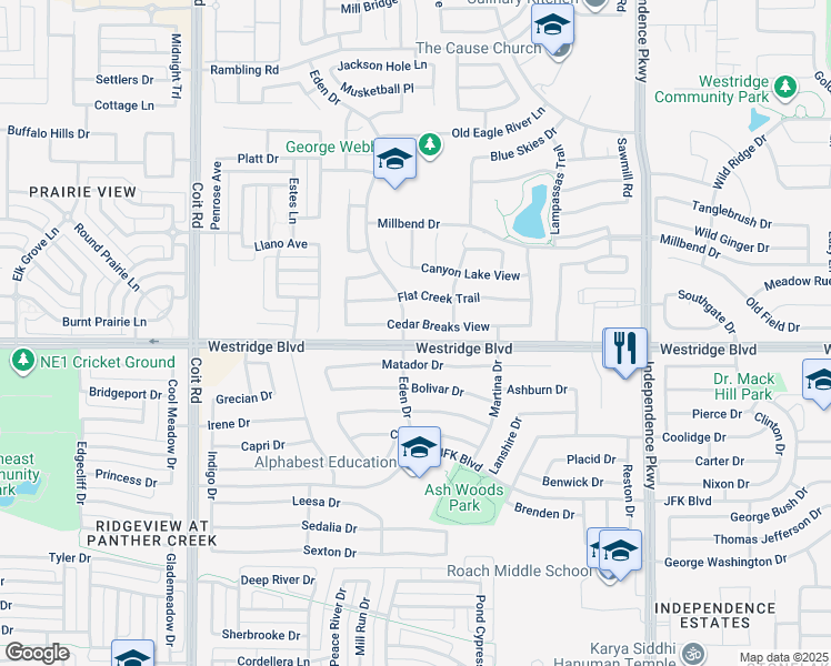 map of restaurants, bars, coffee shops, grocery stores, and more near 10438 Westridge Boulevard in McKinney