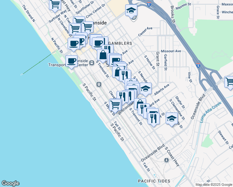 map of restaurants, bars, coffee shops, grocery stores, and more near 517 South Tremont Street in Oceanside