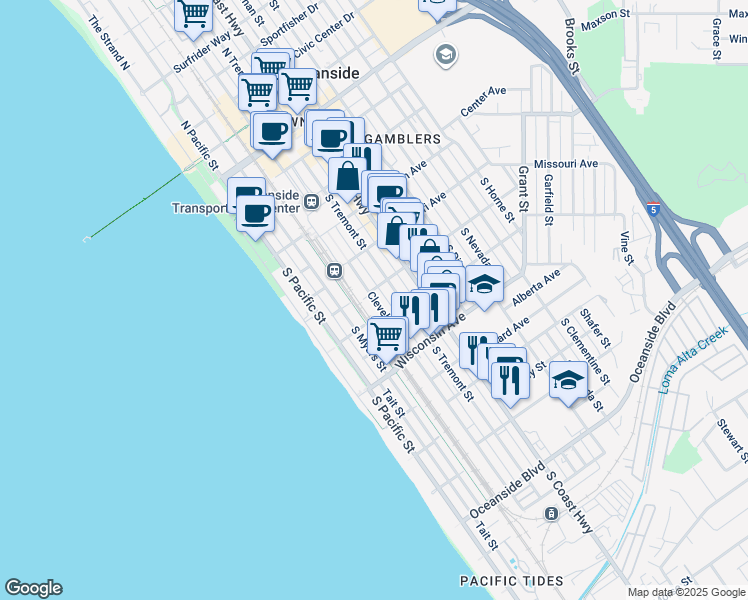 map of restaurants, bars, coffee shops, grocery stores, and more near 511 South Cleveland Street in Oceanside