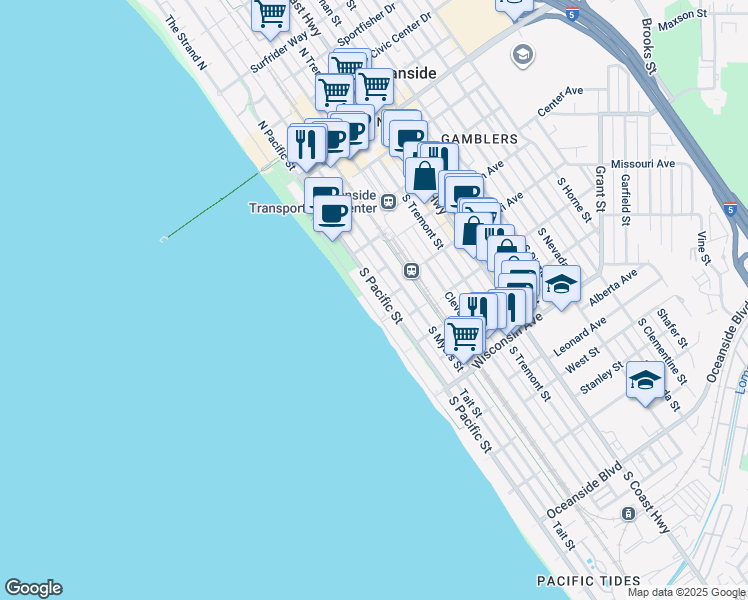 map of restaurants, bars, coffee shops, grocery stores, and more near 408 South The Strand in Oceanside