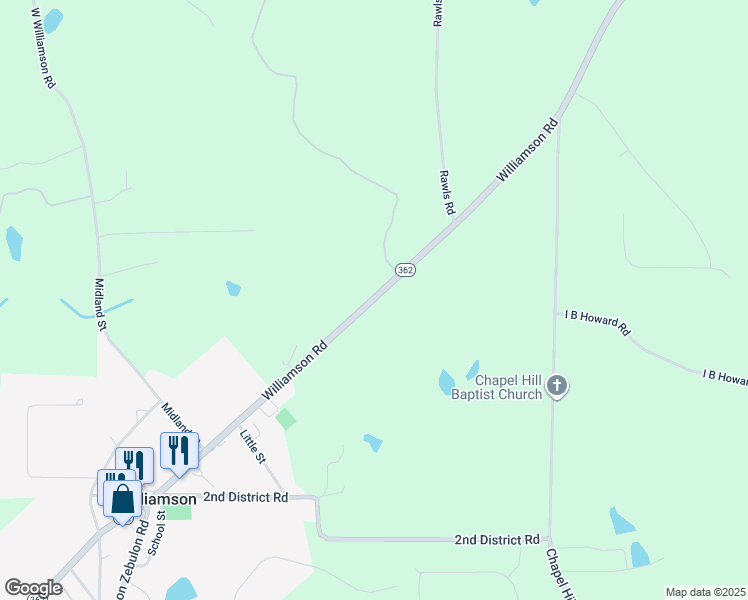 map of restaurants, bars, coffee shops, grocery stores, and more near 21 Georgia 362 in Williamson