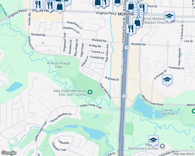 map of restaurants, bars, coffee shops, grocery stores, and more near 1902 Park View Avenue in McKinney