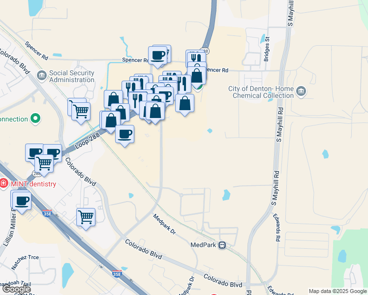 map of restaurants, bars, coffee shops, grocery stores, and more near 3100 Colorado Boulevard in Denton