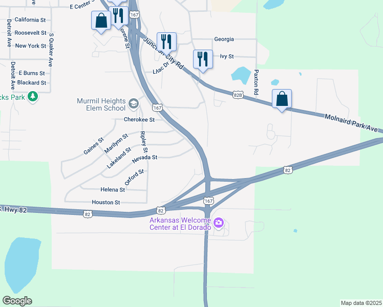 map of restaurants, bars, coffee shops, grocery stores, and more near 2505 Nevada Street in El Dorado