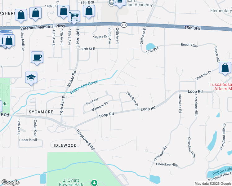map of restaurants, bars, coffee shops, grocery stores, and more near 100-2498 Jefferson Street in Tuscaloosa