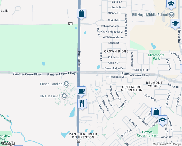 map of restaurants, bars, coffee shops, grocery stores, and more near 9310 Panther Creek Parkway in Frisco
