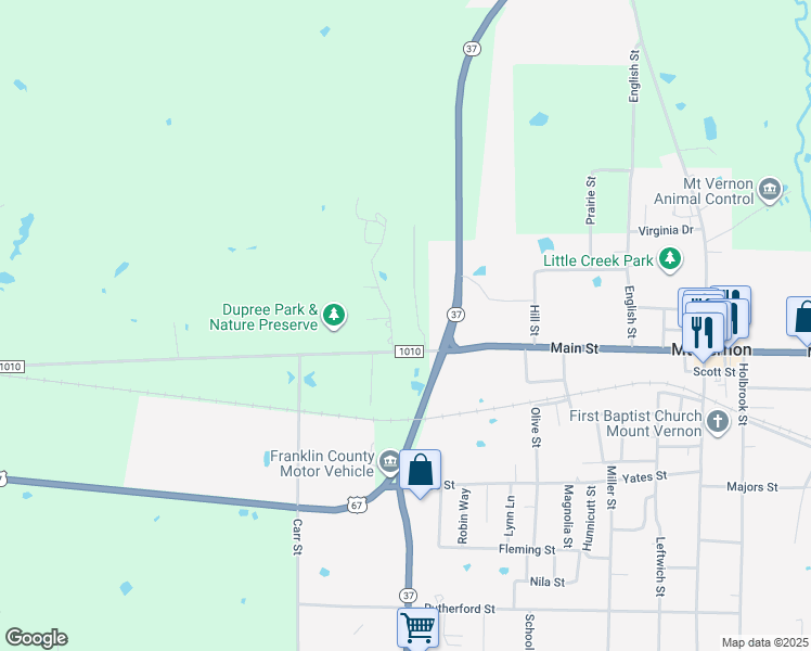 map of restaurants, bars, coffee shops, grocery stores, and more near 25 West Elmwood Drive in Mount Vernon