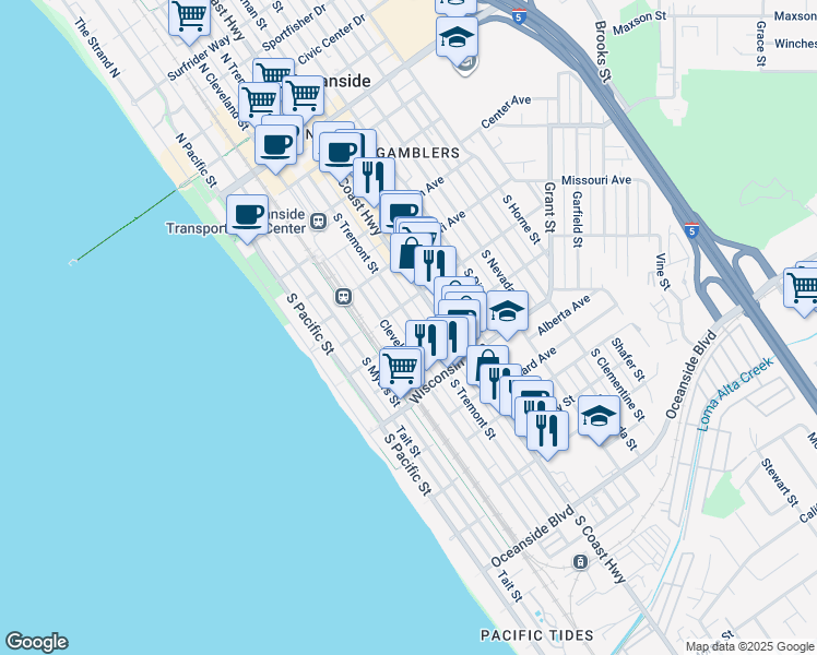 map of restaurants, bars, coffee shops, grocery stores, and more near 517 South Tremont Street in Oceanside