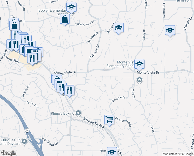 map of restaurants, bars, coffee shops, grocery stores, and more near 1198 Barbara Drive in Vista