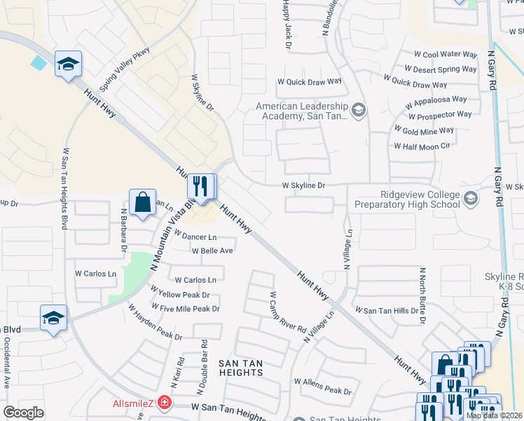 map of restaurants, bars, coffee shops, grocery stores, and more near 34176 North Happy Jack Drive in Queen Creek