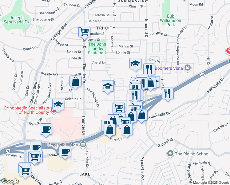 map of restaurants, bars, coffee shops, grocery stores, and more near 243 Cedar Road in Vista