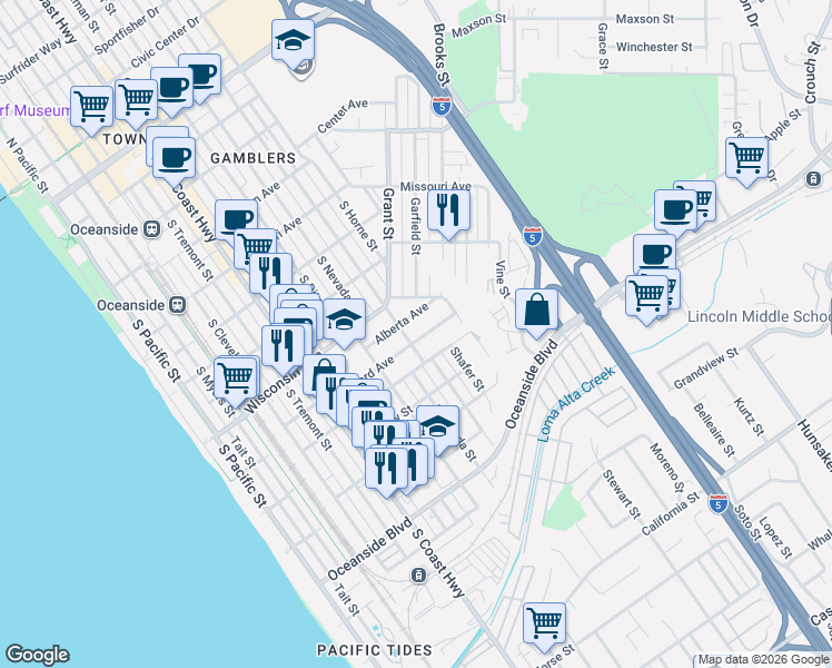 map of restaurants, bars, coffee shops, grocery stores, and more near 915 South Clementine Street in Oceanside