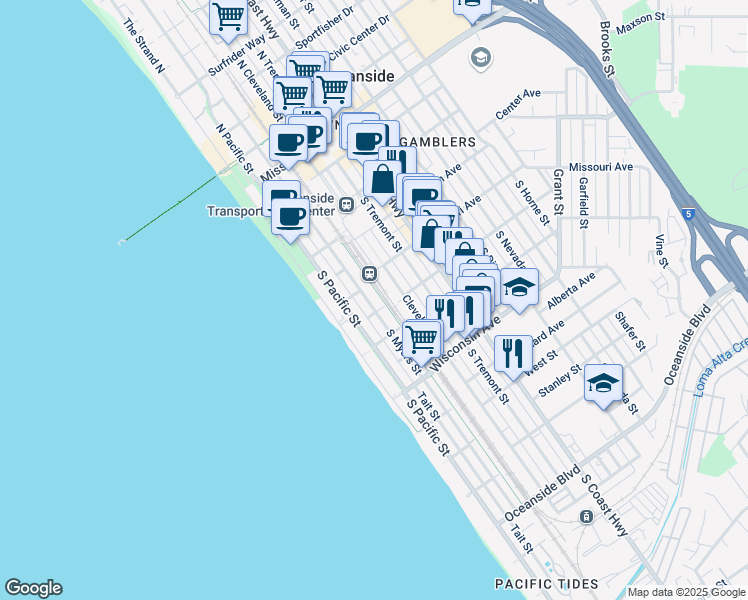 map of restaurants, bars, coffee shops, grocery stores, and more near 501 South Myers Street in Oceanside