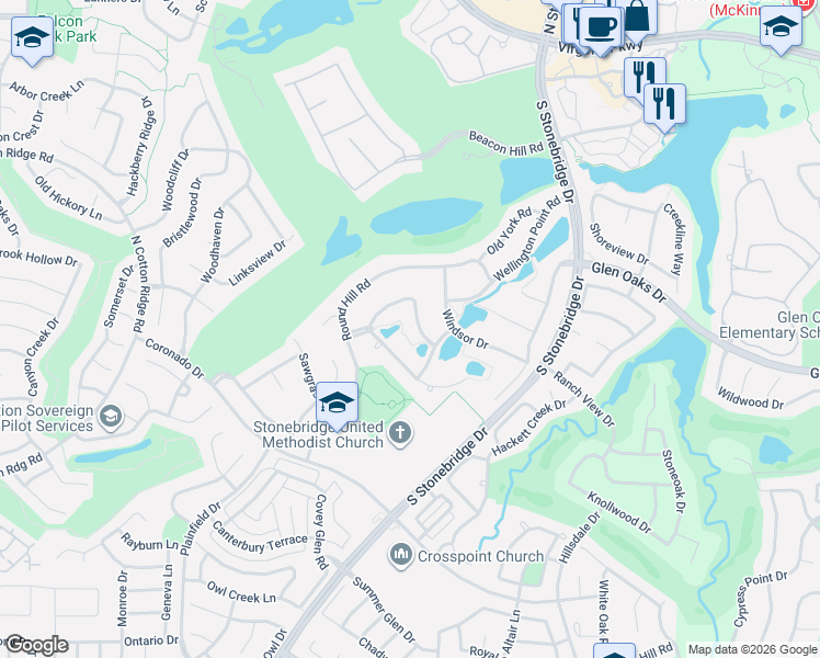 map of restaurants, bars, coffee shops, grocery stores, and more near 7602 Stillwater Drive in McKinney