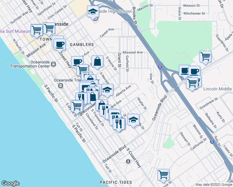 map of restaurants, bars, coffee shops, grocery stores, and more near 816 Alberta Avenue in Oceanside