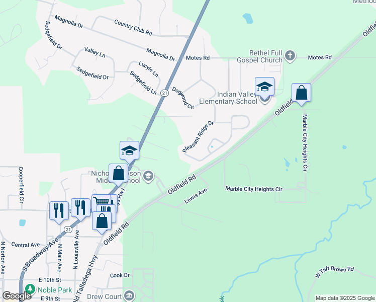 map of restaurants, bars, coffee shops, grocery stores, and more near 1821 Pleasant Ridge Drive in Sylacauga