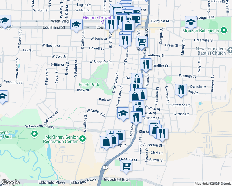 map of restaurants, bars, coffee shops, grocery stores, and more near 910 South Tennessee Street in McKinney