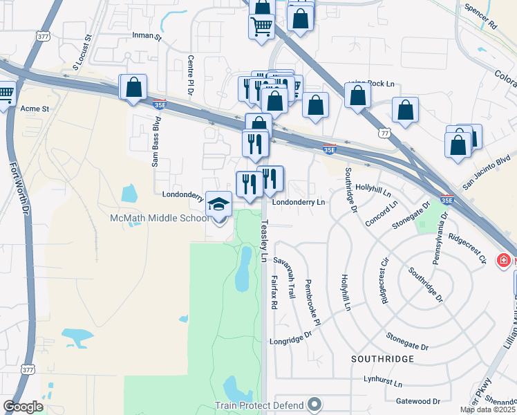 map of restaurants, bars, coffee shops, grocery stores, and more near in Denton