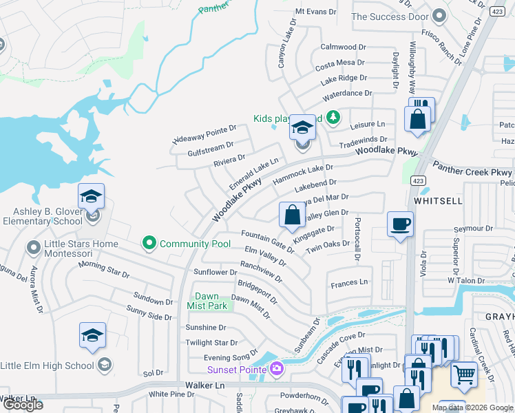 map of restaurants, bars, coffee shops, grocery stores, and more near 2312 Peaceful Pointe Drive in Little Elm
