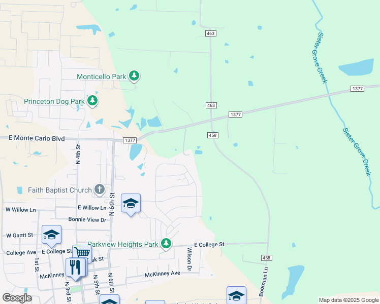 map of restaurants, bars, coffee shops, grocery stores, and more near 1117 Farm to Market Road 1377 in Princeton