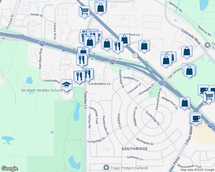map of restaurants, bars, coffee shops, grocery stores, and more near 908 Londonderry Lane in Denton